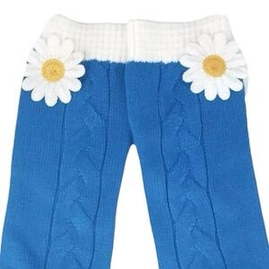 Womens Socks Size OS Blue Cable Knit Sweater White Daisies 9” Long Calf Length